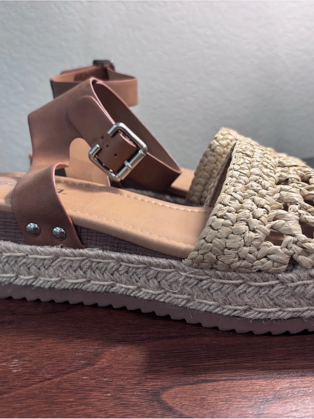 Soda Cream Woven Espadrille Platform Sandal with Brown Ankle Strap